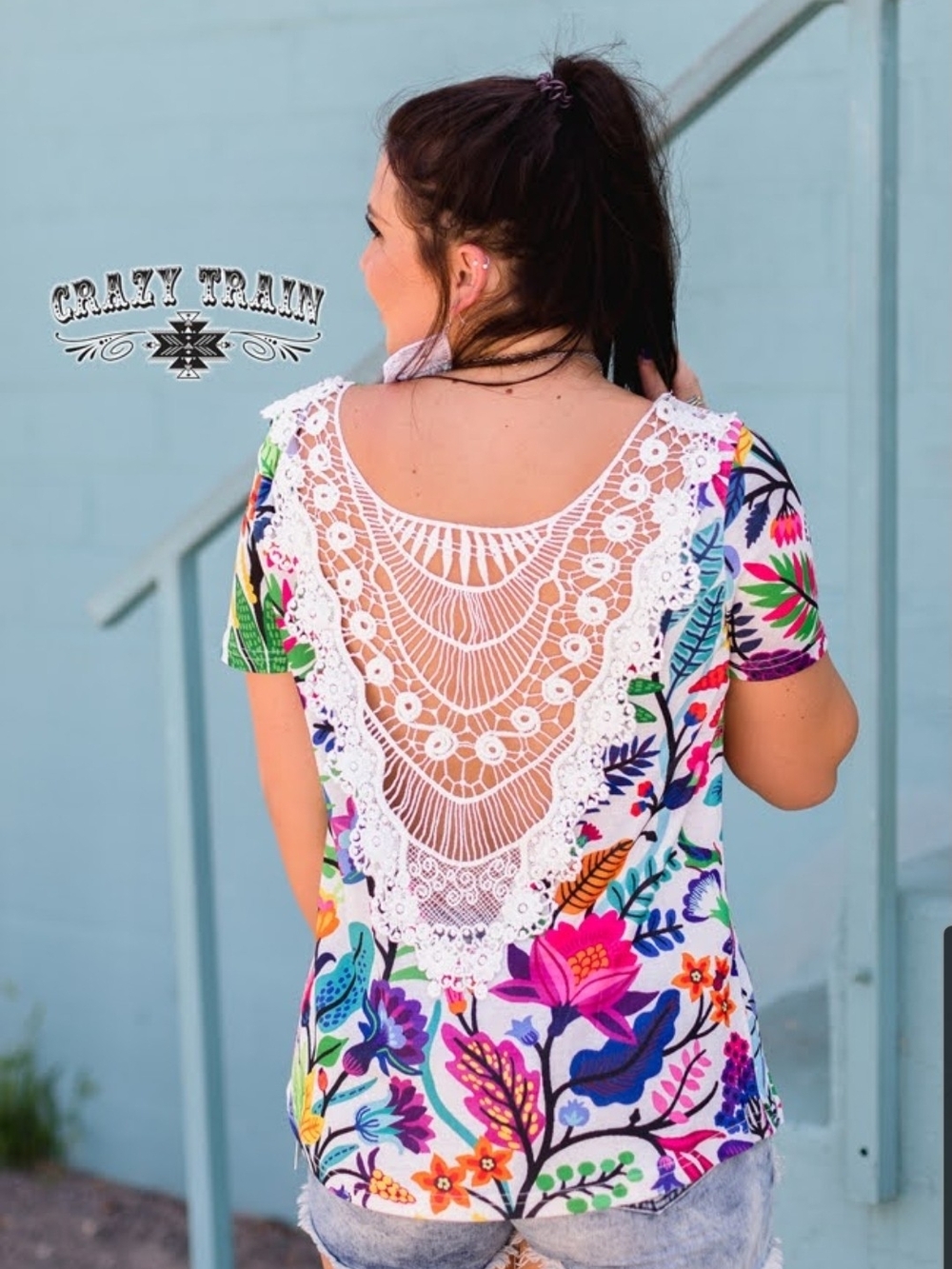 Crazy Train White Multicolor Floral Short Sleeve Top with Lace Back
